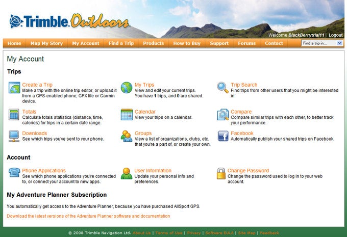 Screenshot of Trimble Outdoors AllSport GPS website interface.