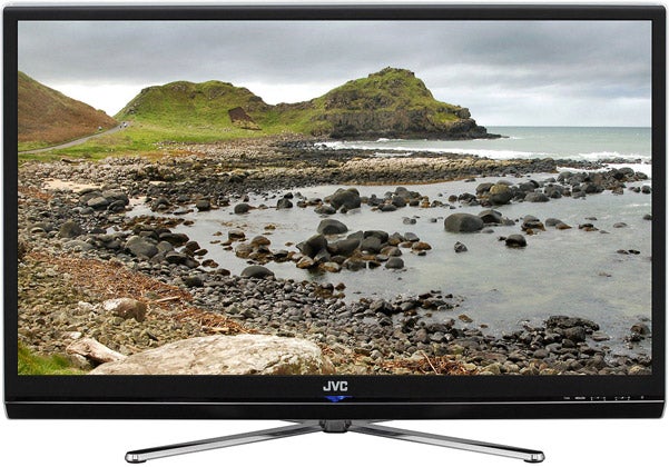 JVC LT-42DV1 42-inch LCD TV displaying a coastal scene.