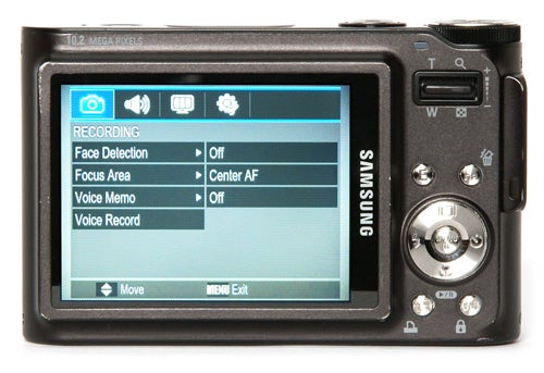 Samsung NV9 camera displaying menu settings on screen.