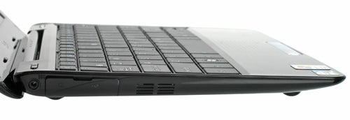 Side view of Asus Eee PC 1008HA Netbook showing keyboard and ports.