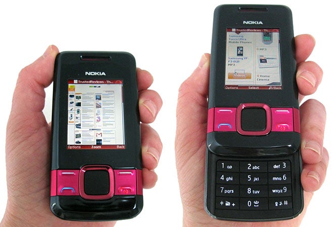 Hands holding a Nokia 7100 Supernova in two positions.