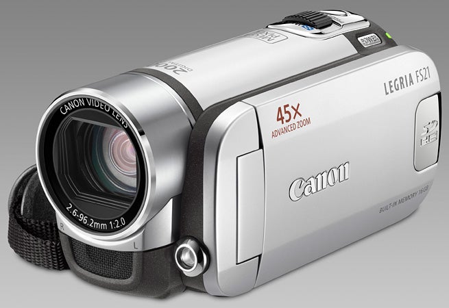 Canon Legria FS21 camcorder with 45x zoom lens.