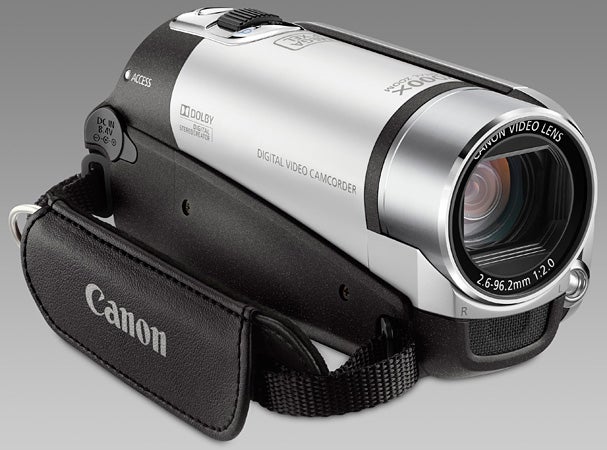 Canon Legria FS21 digital video camcorder with strap.