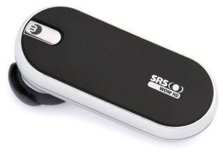 Black and silver Bluetrek Duo Bluetooth headset with SRS WOW HD logo.