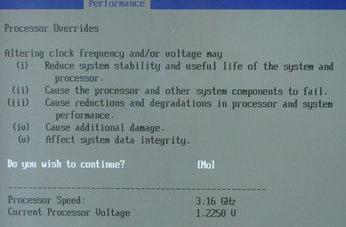 Warning on screen about altering processor frequency and voltage.
