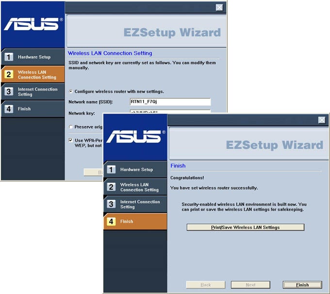 Screenshot of Asus router EZSetup Wizard interface.