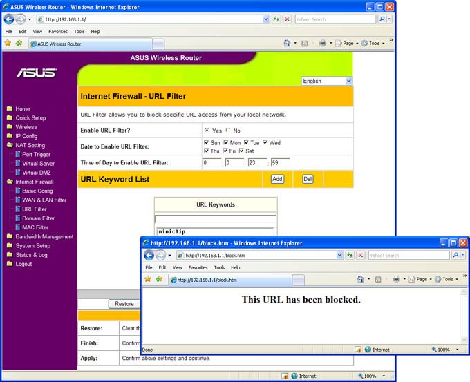 Screenshot of Asus router interface with URL filter settings.