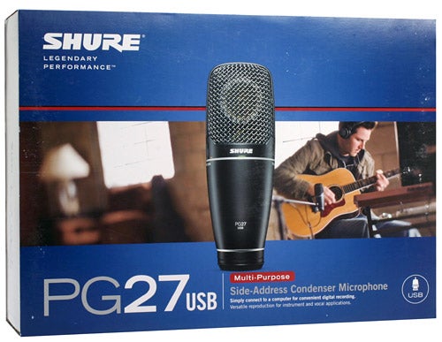 Shure PG27USB microphone packaging with image of musician.