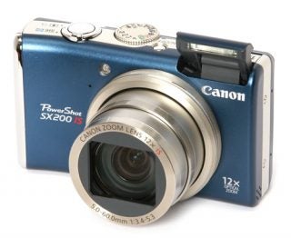 Canon PowerShot SX200 IS digital camera on white background.