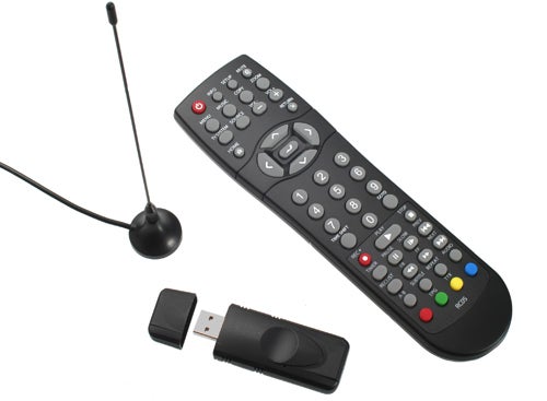 A.C. Ryan Playon! DVR TV remote control with antenna and USB dongle.