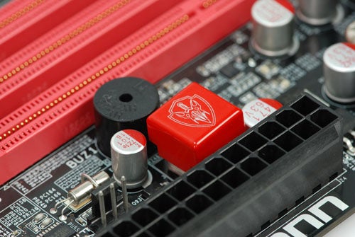 Close-up of Foxconn Blood Rage GTi motherboard details.