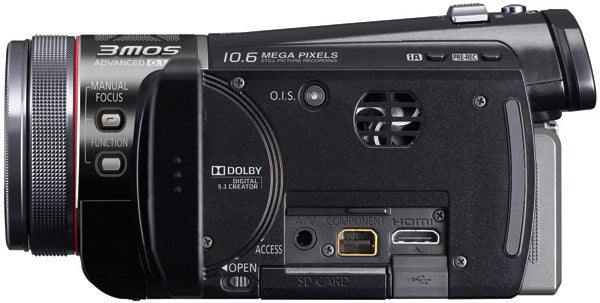 Side view of Panasonic HDC-TM300 camcorder showing ports and controls.