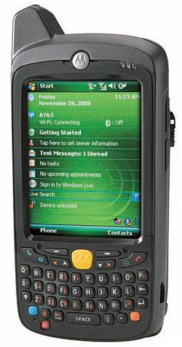 Motorola MC55 Rugged Smartphone with QWERTY keyboard and screen on.
