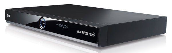 LG RHT497H DVD and HDD recorder on white background.