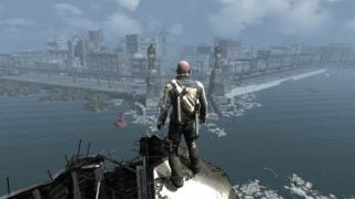 Character overlooking a destroyed cityscape in inFamous video game.