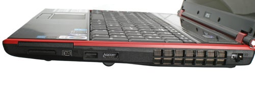 Side view of MSI GT627 gaming laptop with ports and vent.