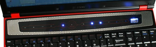 Close-up of MSI GT627 gaming laptop keyboard and touch controls.