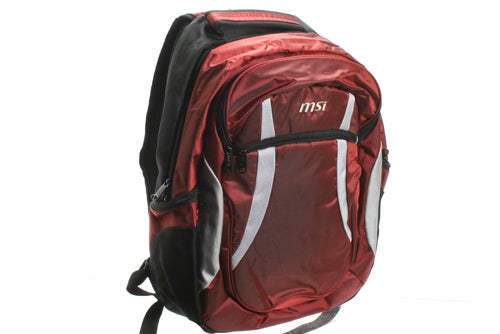 MSI-branded red and black gaming laptop backpack.
