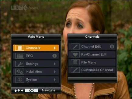 Metronic SAT 100 HD Freesat Receiver's menu interface on TV screen.
