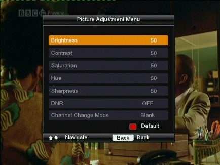 Picture adjustment menu on Metronic SAT 100 HD Freesat Receiver screen.