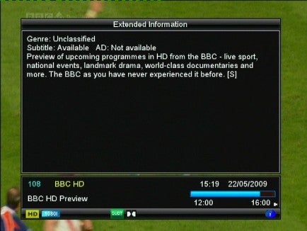 Screenshot of Metronic SAT 100 HD displaying BBC HD channel information.