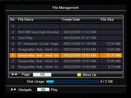 File Management screen on Metronic SAT 100 HD Freesat Receiver.Display screen of Metronic SAT 100 HD showing MP3 playback interface.