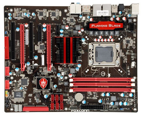 Foxconn Flaming Blade motherboard with red and black components