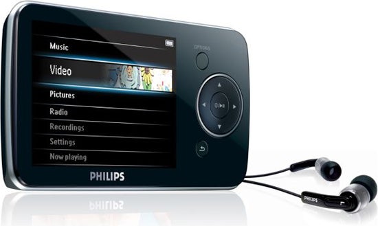 Philips GoGear Opus 8GB MP3 player with earbuds.