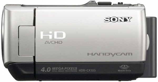 Silver Sony Handycam HDR-CX105E camcorder side view.