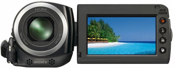 Sony Handycam HDR-CX105E with an open LCD screen displaying a beach scene.