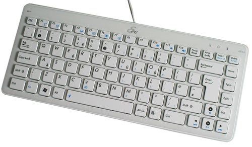Asus Eee Top PC wired keyboard with white and blue keys.