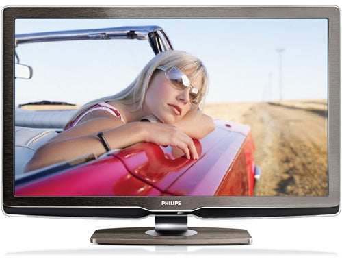 Philips 32PFL9604 LCD TV displaying a vibrant car scene.