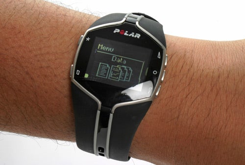 Polar FT80 fitness computer worn on a wrist with data screen.