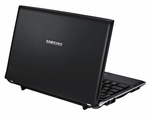 Samsung N120 Netbook with black cover open at an angle.
