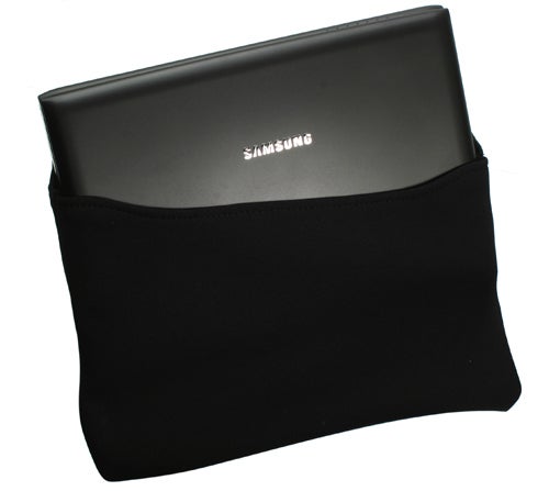 Samsung N120 Netbook in protective sleeve on white background.