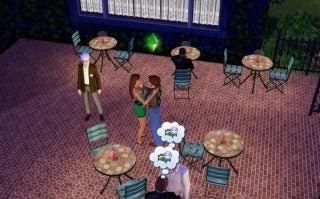 Sims 3 screenshot, characters interacting at a night-time outdoor café.