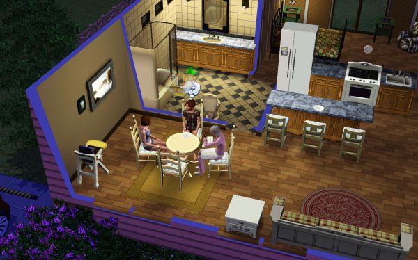 Screenshot from The Sims 3 showing characters dining in a kitchen.