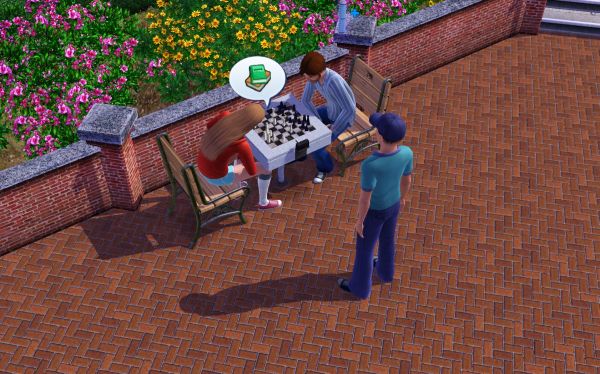 Sims characters playing chess in a park setting.