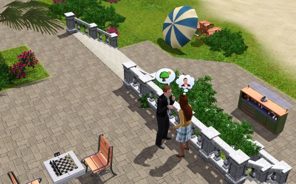 Screenshot of The Sims 3 gameplay showing two characters interacting.