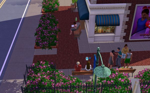 Screenshot of The Sims 3 gameplay showing in-game characters and environment.
