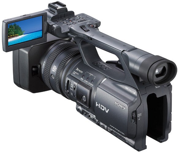 Sony Handycam HDR-FX1000E professional camcorder with LCD screen open.