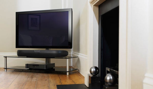Bowers & Wilkins Panorama Soundbar under TV in living room.