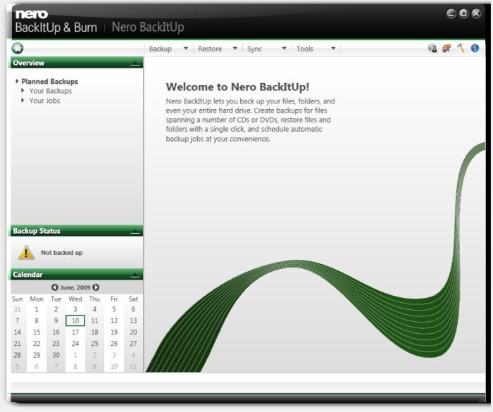 Screenshot of Nero BackItUp software interface with welcome message.