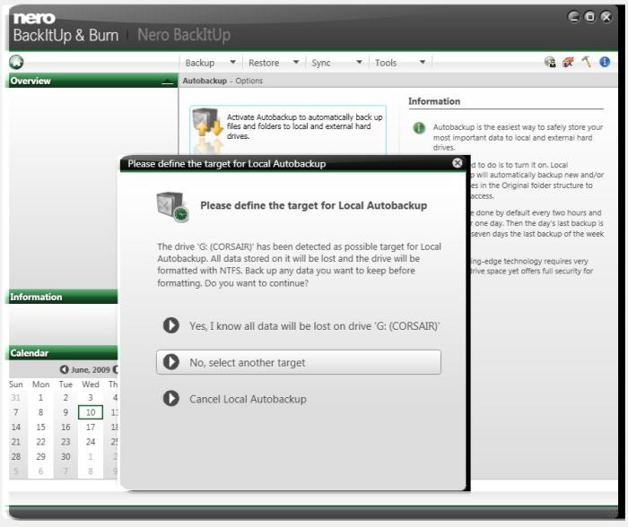 Screenshot of Nero BackItUp software local autobackup setup window.