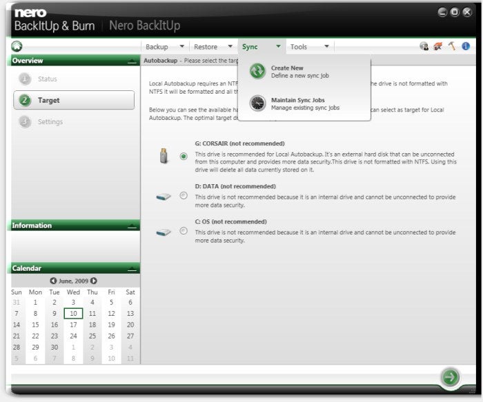 Screenshot of Nero BackItUp & Burn software interface.