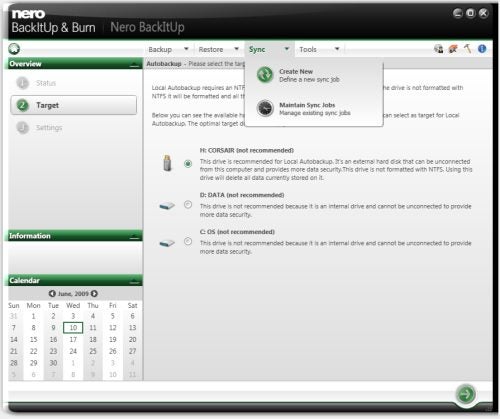 Screenshot of Nero BackItUp & Burn software interface.