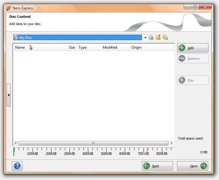Screenshot of Nero Express software disc content interface.