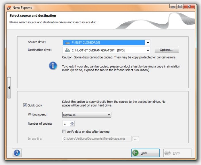 Screenshot of Nero Express back-up software interface.