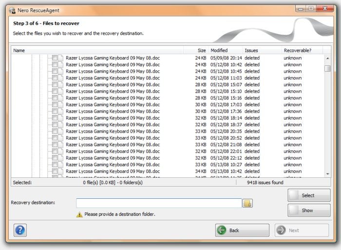 Screenshot of Nero BackItUp & Burn file recovery screen.