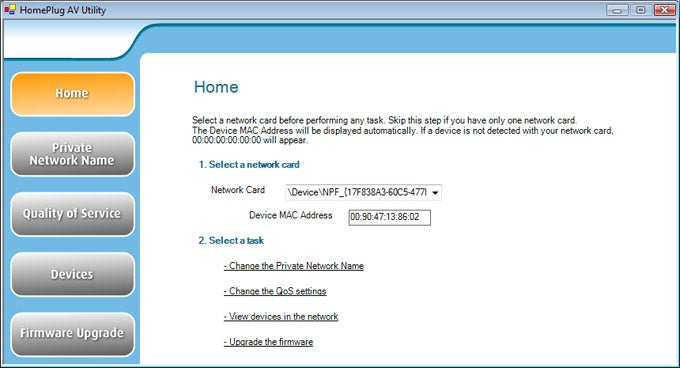 Screenshot of Solwise HomePlug AV utility network settings.Screenshot of Solwise HomePlug AV Utility interfaceScreenshot of HomePlug AV Utility firmware upgrade interface.